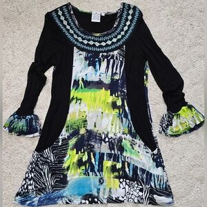 Parsley & Sage Blue And Green Bell Cuffed Pocket Dress Womens Small